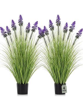2-Piece 4ft Artificial Tall Grass & Blue Cockscomb Flower Potted Plants for Home